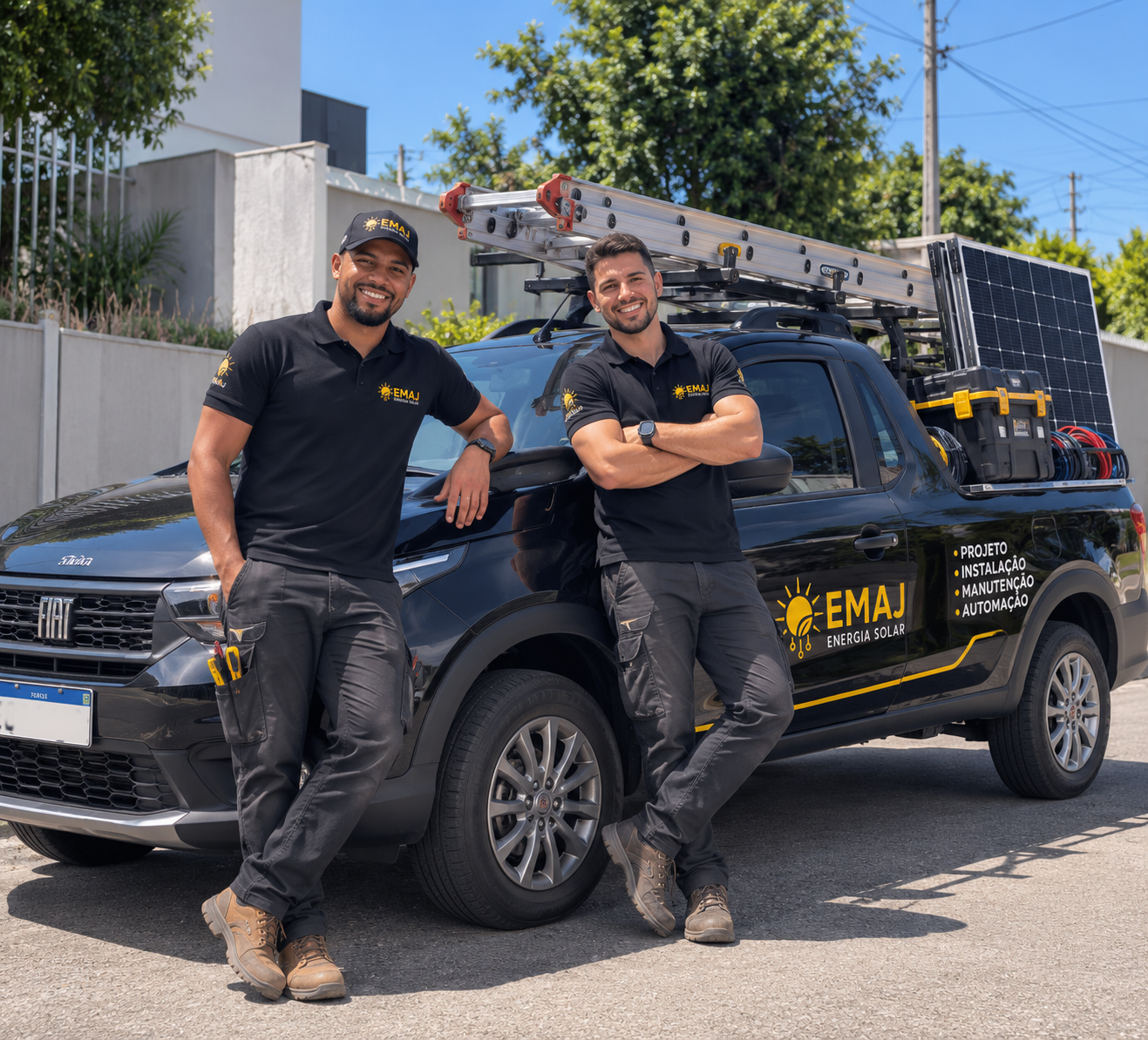 Equipe EMAJ Energia Solar em campo com veículo da empresa